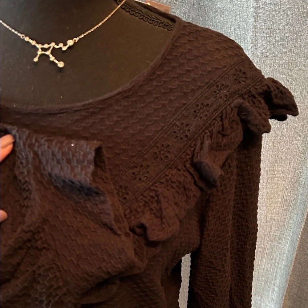J. Crew Black Textured Ruffle Blouse